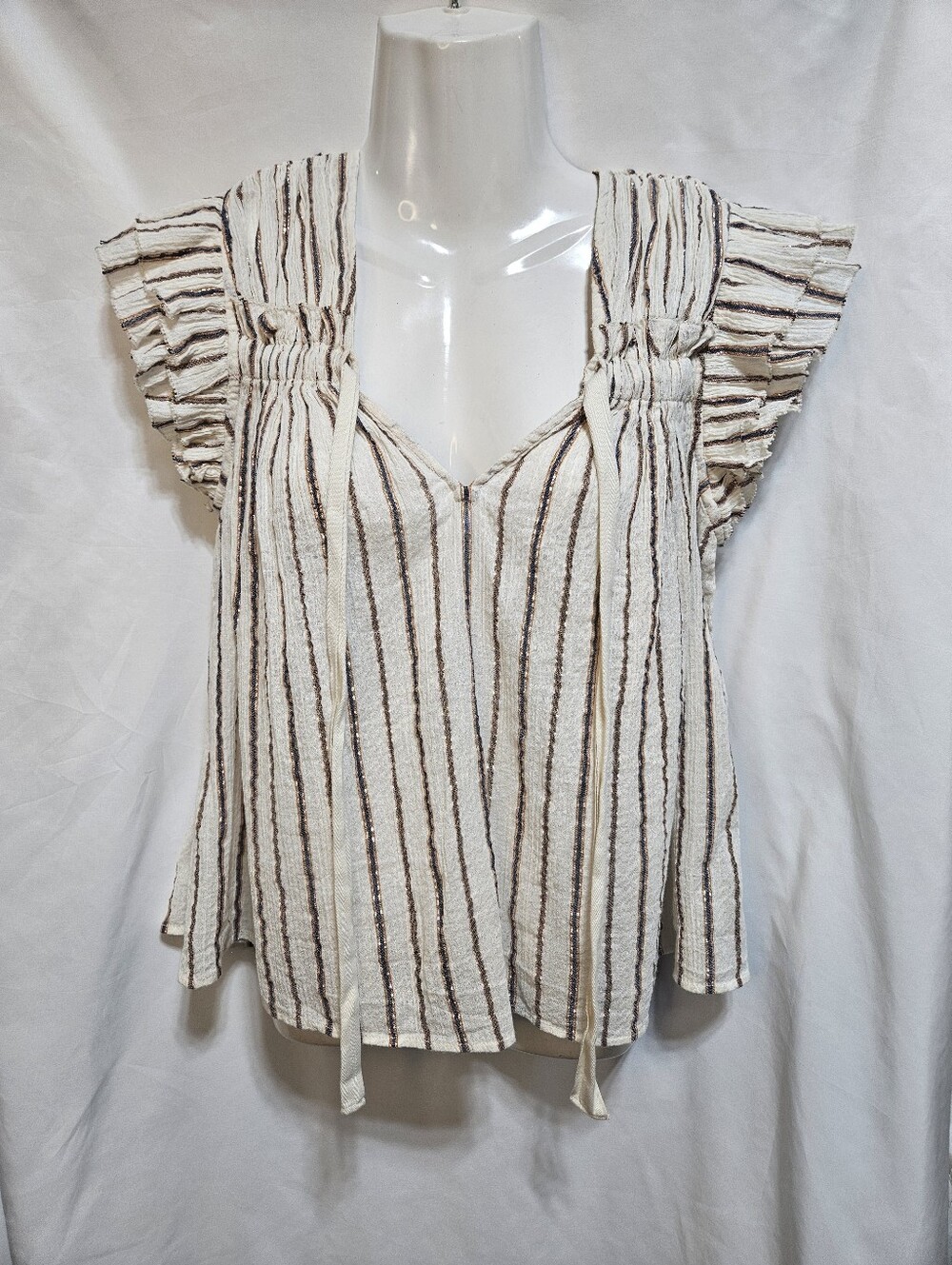 Ulla Johnson Cotton Gauze Metallic Stripe Ruffle Sleeve Boho Peasant Top 4